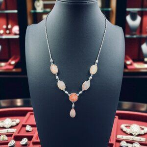 Monet Vintage Necklace Pink Orange Carved Glass Teardrop Pendant Statement